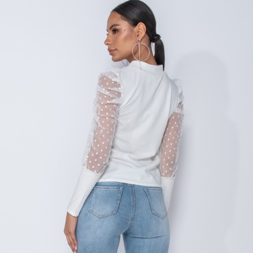 Cassie White Polka Dot Sheer Sleeve Blouse Top - Picture 7 of 8